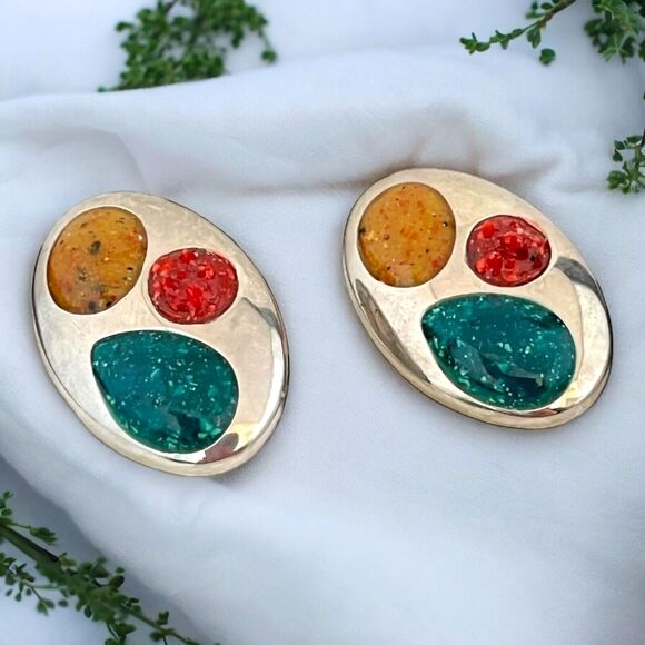 Vintage Jewelry - Vintage 1980s Statement Earrings Silver Tone Textured Enamel Pierced - 3G